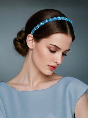 Wide Crystal Headband for Women, Aqua Blue Rhinestone Hair Hoop